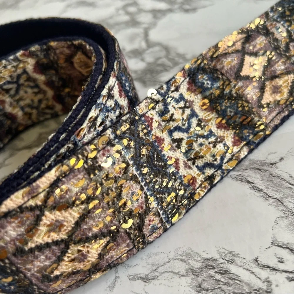 Belt Southwestern Aztec Print Fabric Gold Sequin Blue Brown M Concert Festival